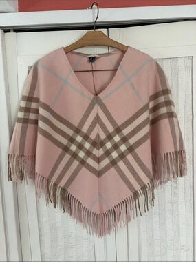 Burberry Pink & Beige Check Fringed Cashmere-Blend Poncho
